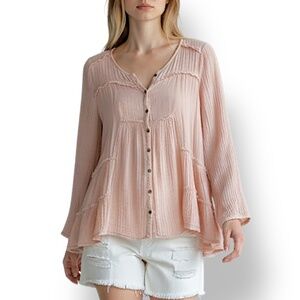 Free People XS Blush Pink Button Front Peplum Gauze Blouse Boho Romantic XS